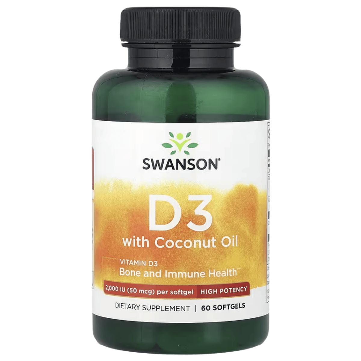 Swanson Vitamin D3 med kokosolje 60 kapsler produktbilde