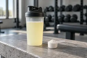 Shakerflaske med BCAA-drikk og en skje aminosyrepulver på en benk i et treningsstudio