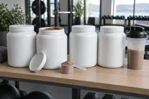 Fire bokser proteinpulver på en hylle med en åpen boks, skje og shaker