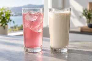 Klar whey-drikk med is ved siden av en kremet proteinshake