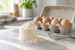 Eggehvitepulver i en måleskje ved siden av egg og en visp på kjøkkenbenken