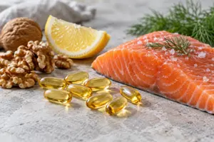 Omega-3-kapsler ved siden av laksefilet, valnøtter og sitron
