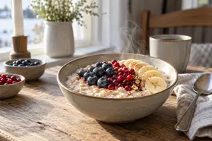 Bolle med proteingrøt toppet med blåbær, tyttebær og banan på et frokostbord