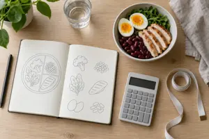 Notatbok, kalkulator, målebånd og proteinrike matvarer på en pult