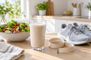 Proteinshake i et glass ved siden av målebånd, salat og løpesko