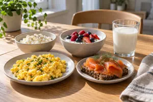 Proteinrik frokost med egg, cottage cheese, yoghurt og laks på rugbrød