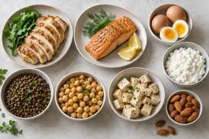 Proteinrike matvarer som kylling, laks, egg, linser og tofu i små boller