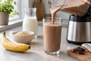 Proteinshake med banan og sjokolade helles fra en blender i et høyt glass