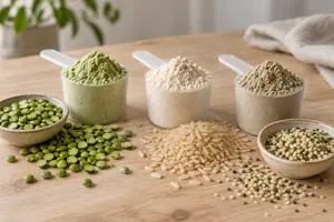 Skjeer med planteproteinpulver ved siden av erter, ris og hampfrø