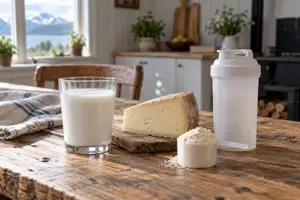 Et glass melk, ost og en skje wheypulver med shaker på et kjøkkenbord