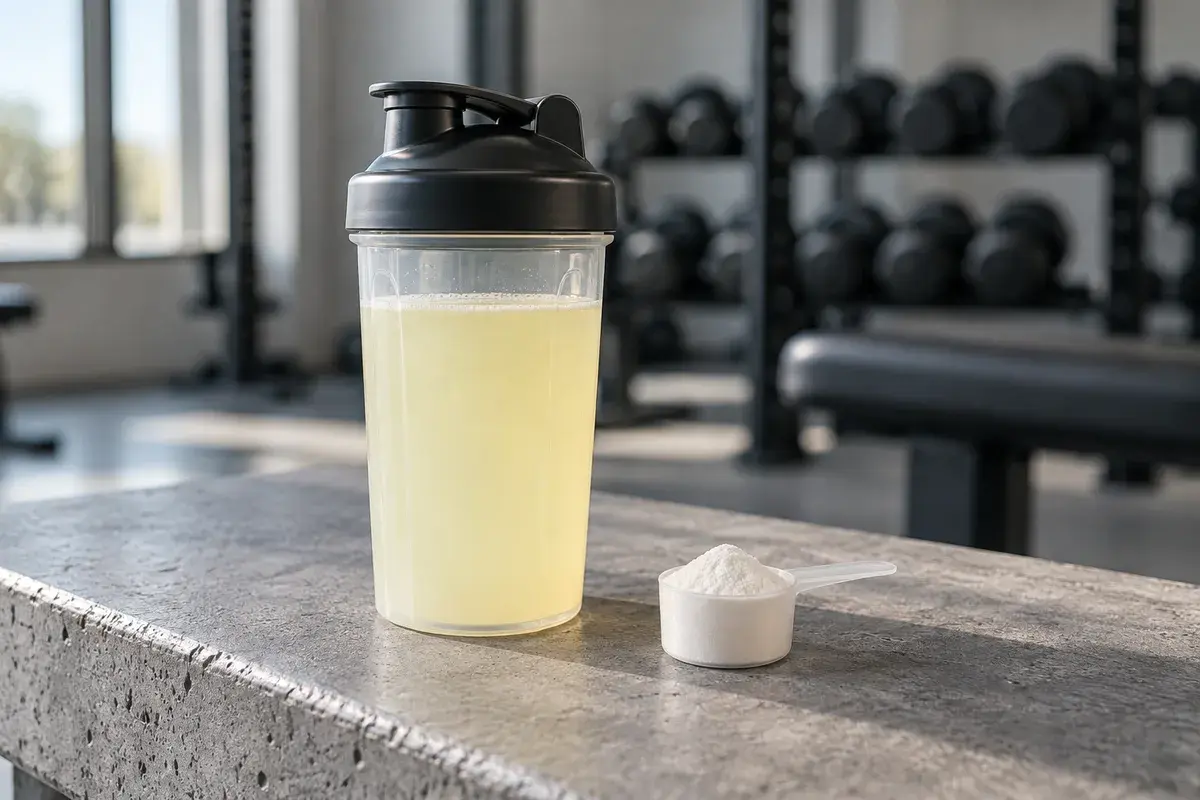 Shakerflaske med BCAA-drikk og en skje aminosyrepulver på en benk i et treningsstudio