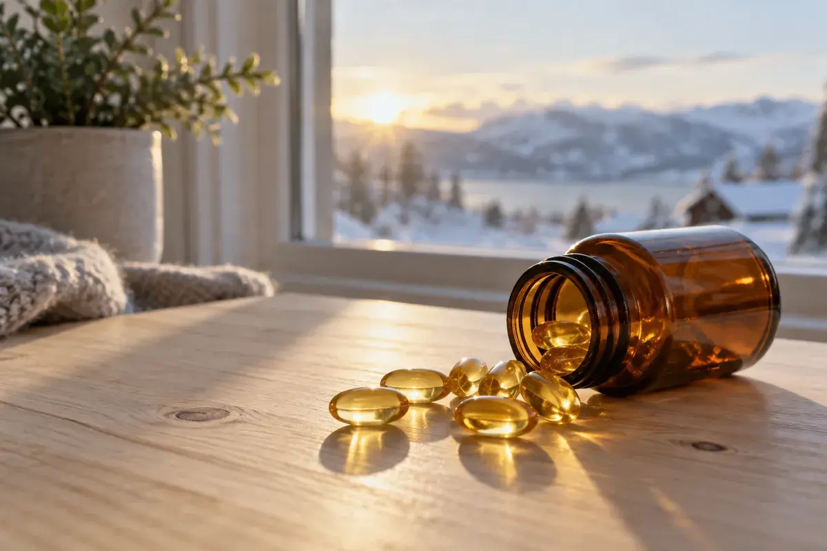 Gylne D3-vitaminkapsler og en brun glassflaske på et trebord i lavt vinterlys