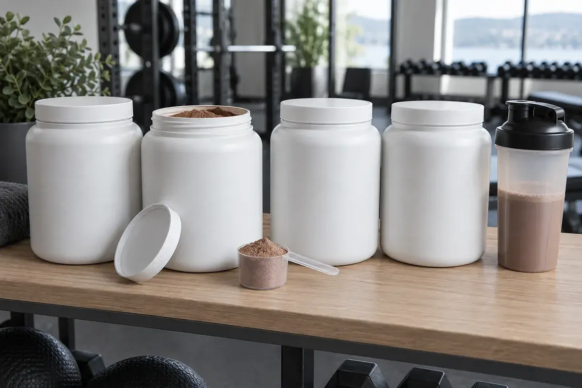 Fire bokser proteinpulver på en hylle med en åpen boks, skje og shaker