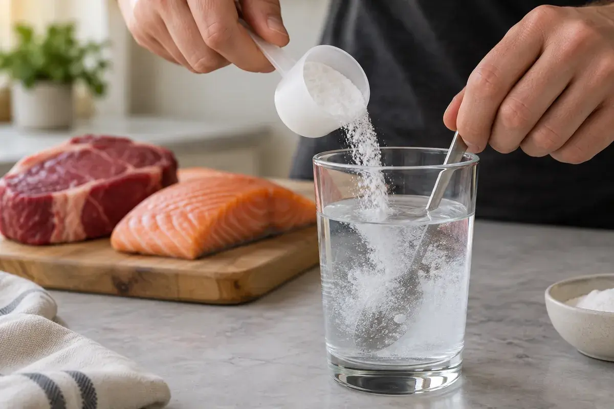 Kreatinpulver som røres ut i et glass vann, med biff og laks i bakgrunnen