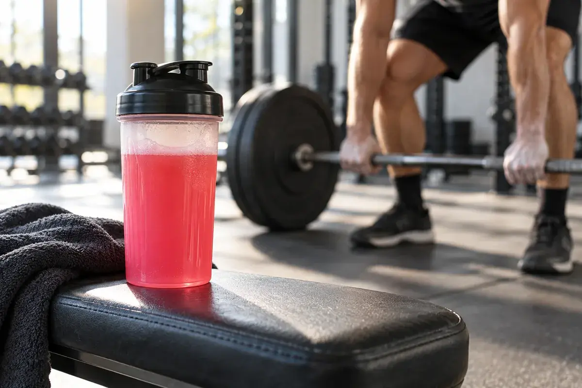 Shaker med pre-workout-drikk på en benk foran en vektstang