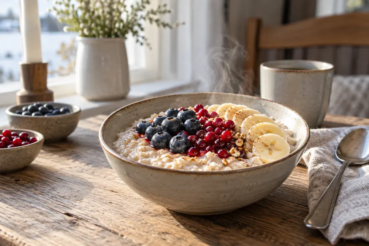 Bolle med proteingrøt toppet med blåbær, tyttebær og banan på et frokostbord
