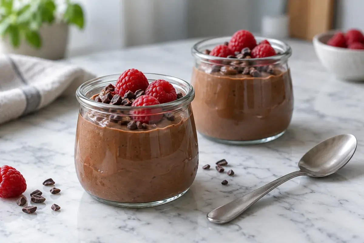 To glass med sjokolade-proteinpudding toppet med bringebær