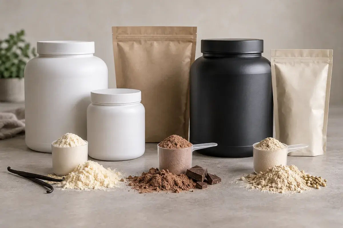 Utvalg av proteinpulverbokser med skjeer av ulike pulvertyper foran