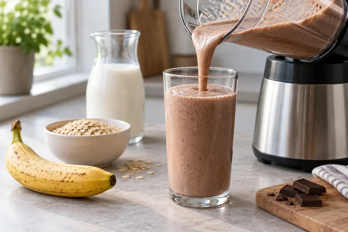 Proteinshake med banan og sjokolade helles fra en blender i et høyt glass