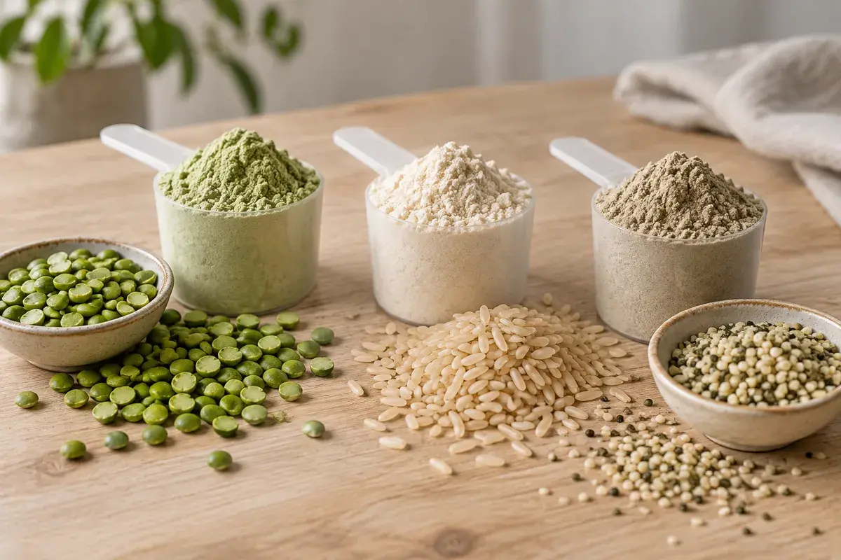 Skjeer med planteproteinpulver ved siden av erter, ris og hampfrø