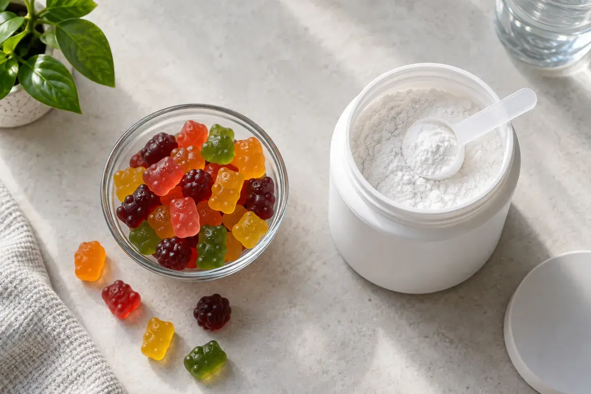 Kreatin gummies i en glassbolle ved siden av en boks kreatinpulver