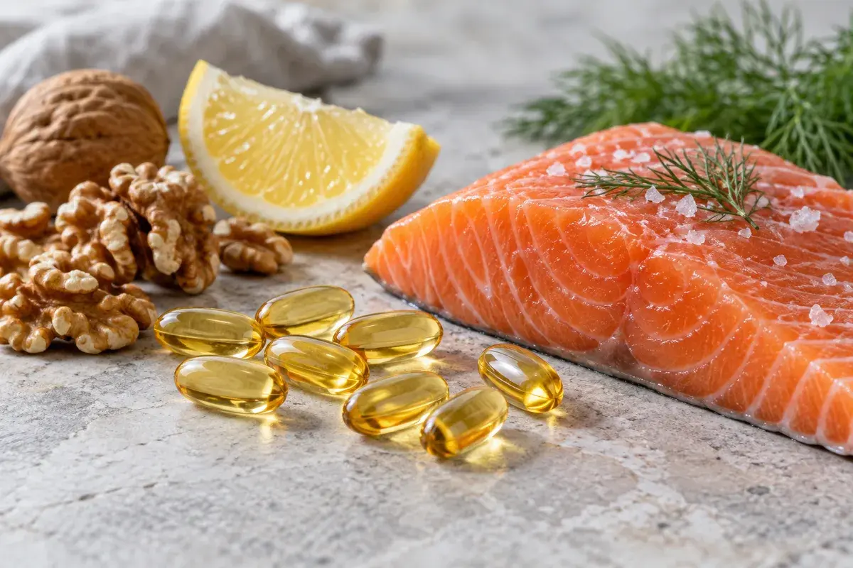 Omega-3-kapsler ved siden av laksefilet, valnøtter og sitron