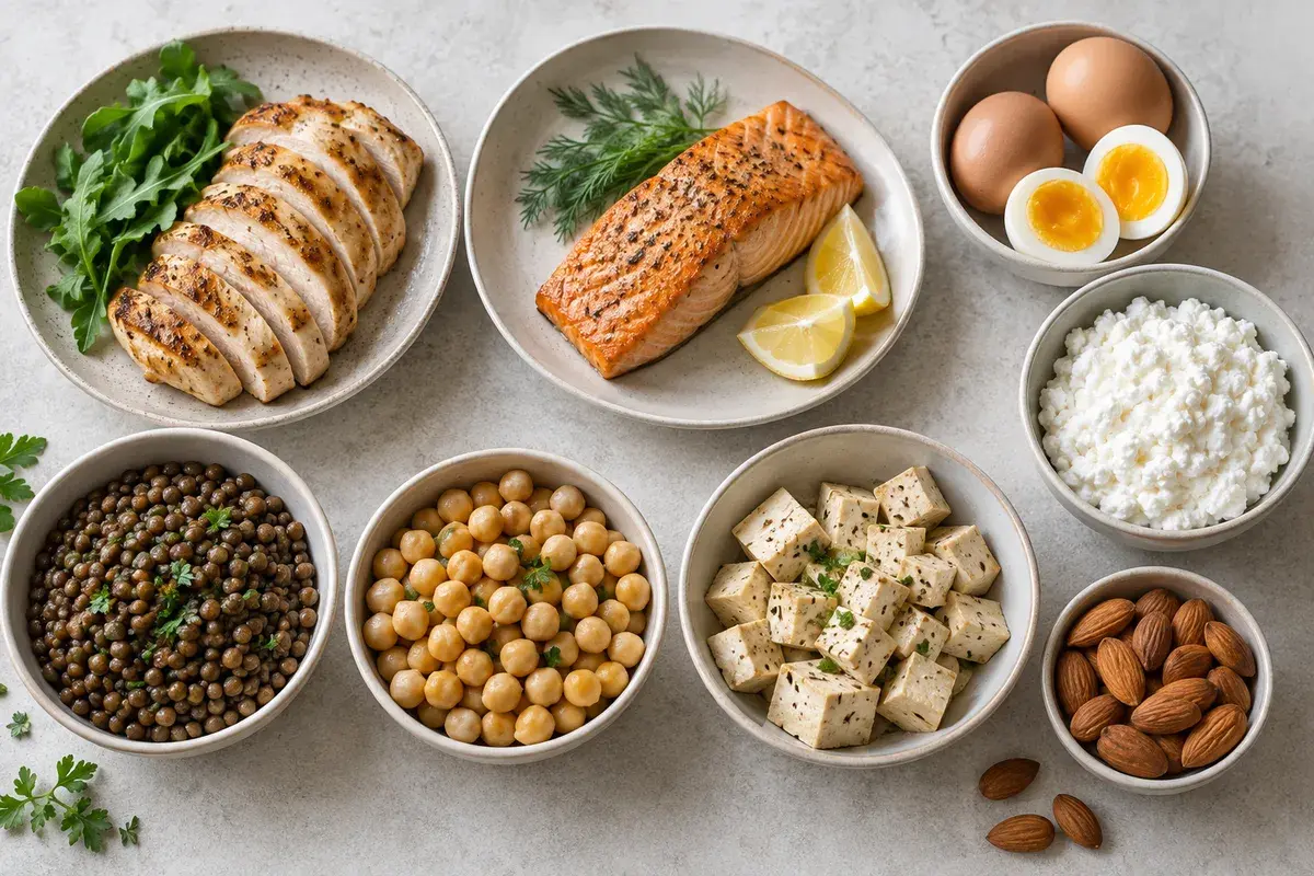 Proteinrike matvarer som kylling, laks, egg, linser og tofu i små boller